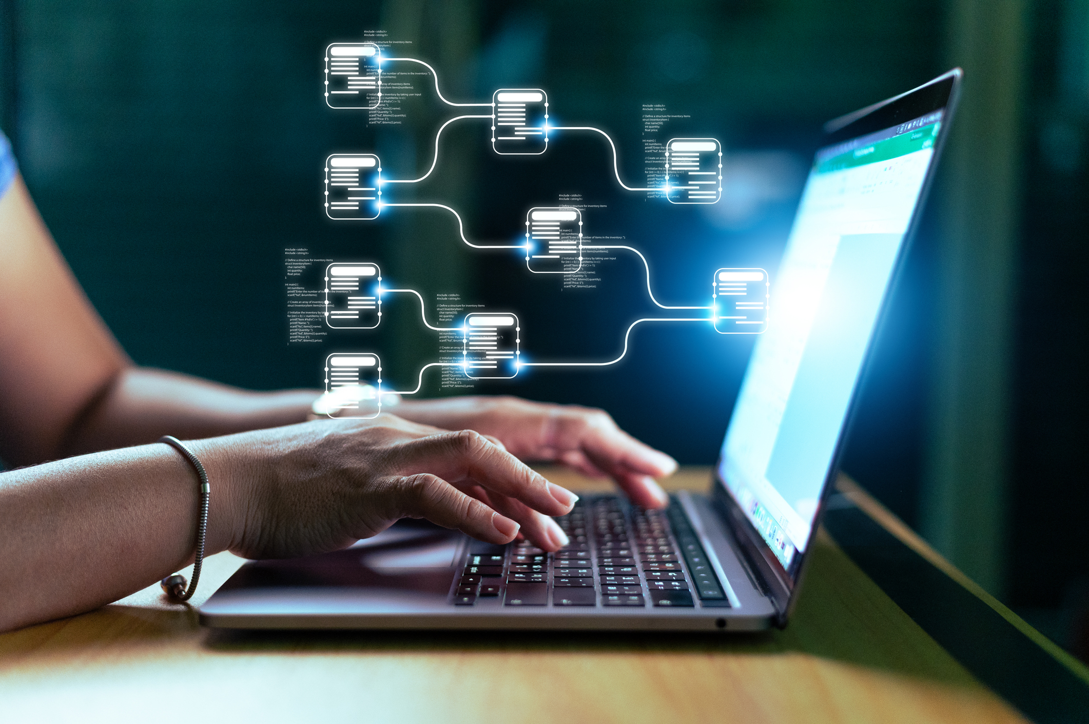 Data Flow Chart Hologram And The Woman Using A Laptop Computer. The Concept Of Computer, Artificial Intelligence, Internet And Technology